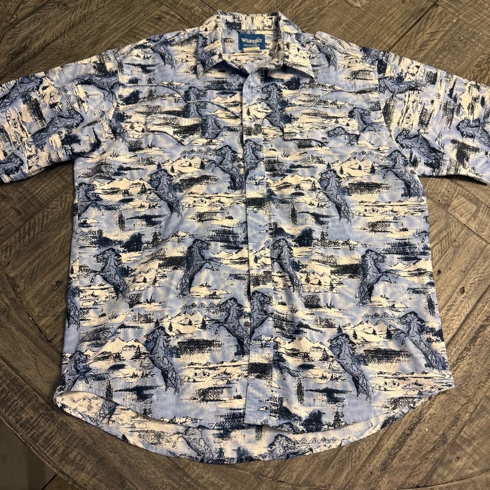 Vintage Wrangler Shirt‎ Mens XL Blue Western Pearl Snap Cowboy Brushpopper